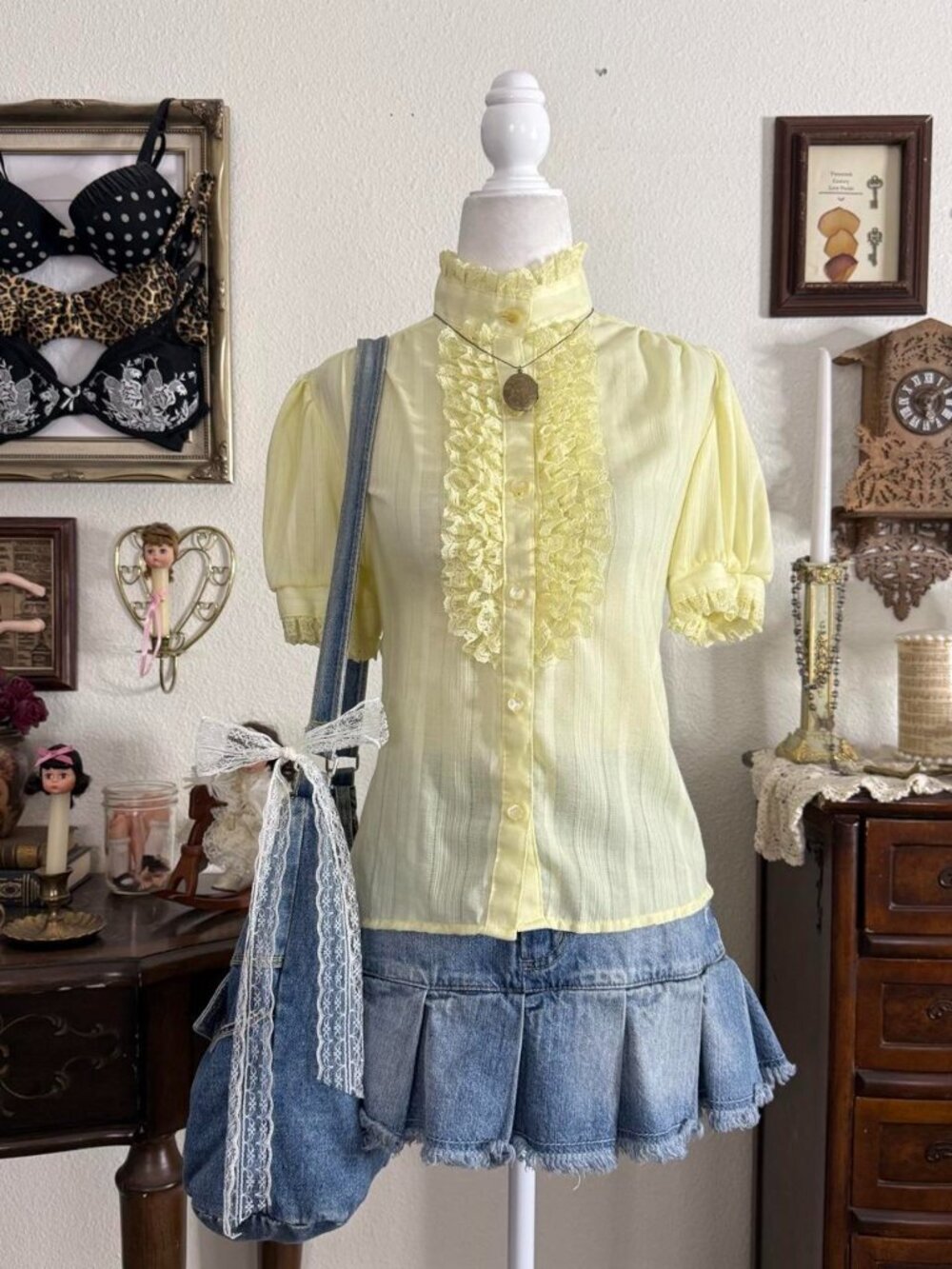 Vintage 70’s dainty prairie semi sheer butter yellow ruffled lace high neck puff